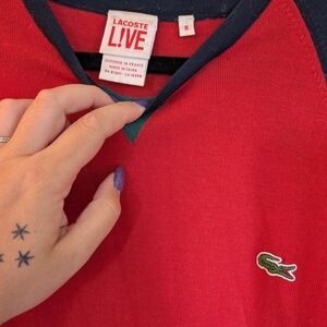 Lacoste Red Polo Sweatshirt with Navy Trim and Green Croc